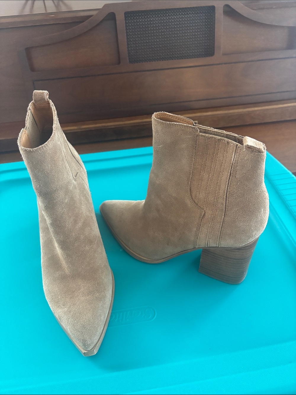 Marc Fisher Pointed Toe Suede Ankle Boots in Tan